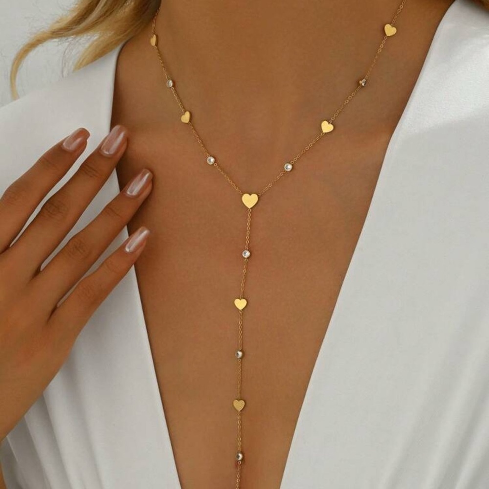 Gold Plated Stainless Steel Heart Pendant Rhinestone Latiat Necklace - Picture 2 of 3
